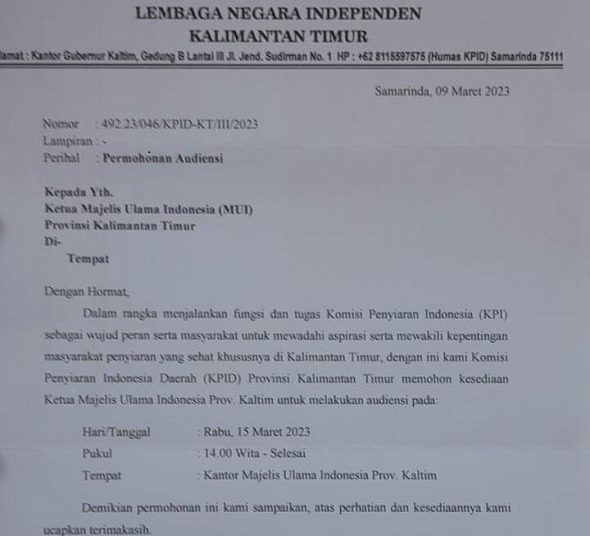 Surat permohonan audiensi KPID Kaltim