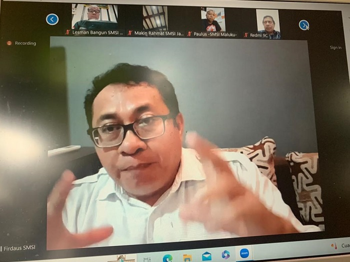 Firdaus - Ketua Umum Serikat Media Siber Indonesia (SMSI) ketika memimpin rapat pleno SMSI melalui aplikasi Zoom, Jumat (28/7/2023).